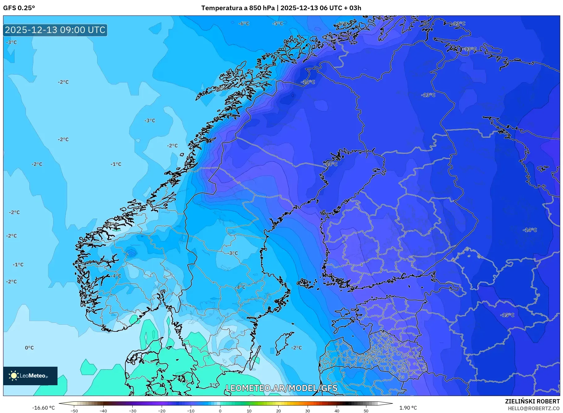 GFS model - Escandinavia, Temperatura a 850 hPa