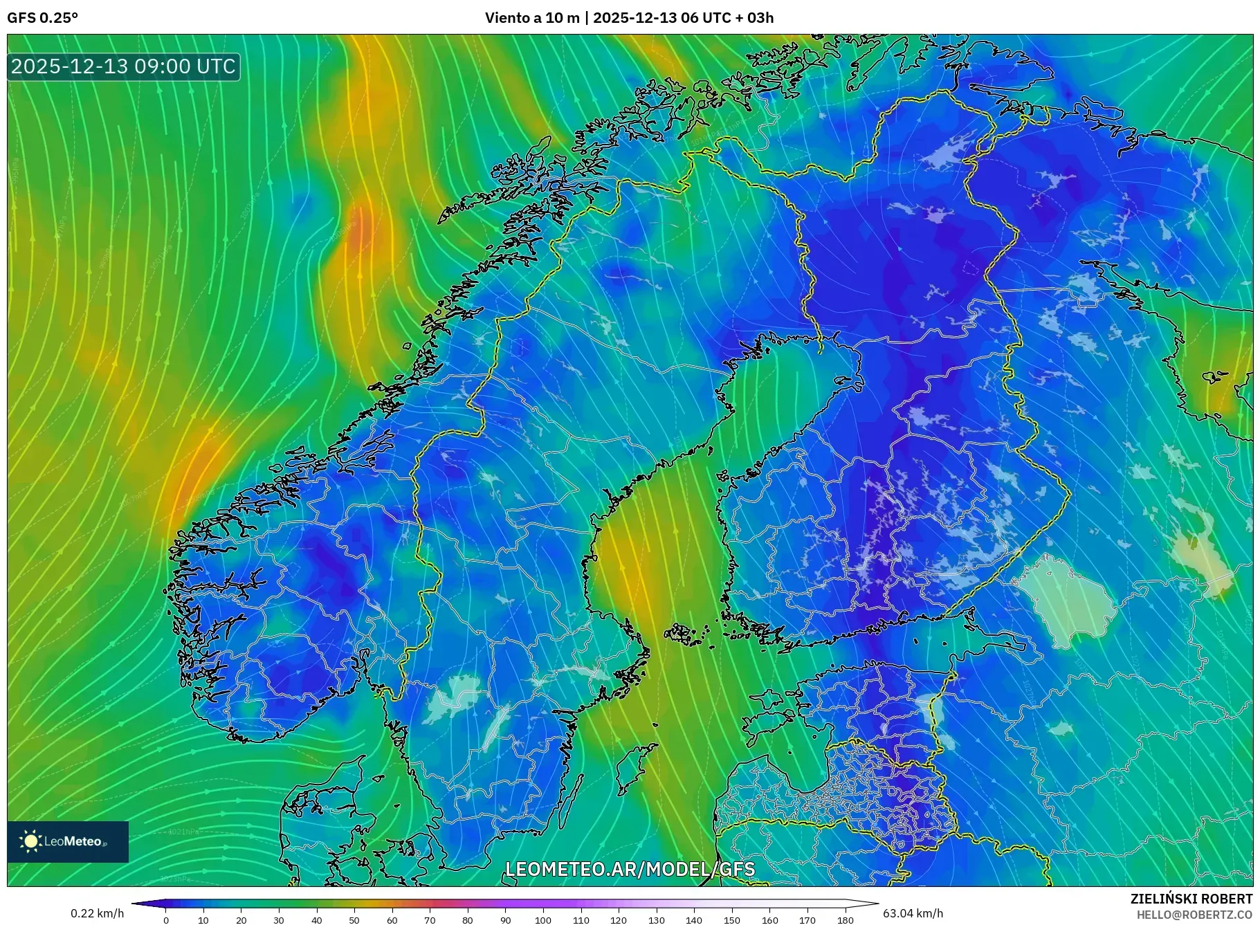 GFS model - Escandinavia, Viento a 10 m