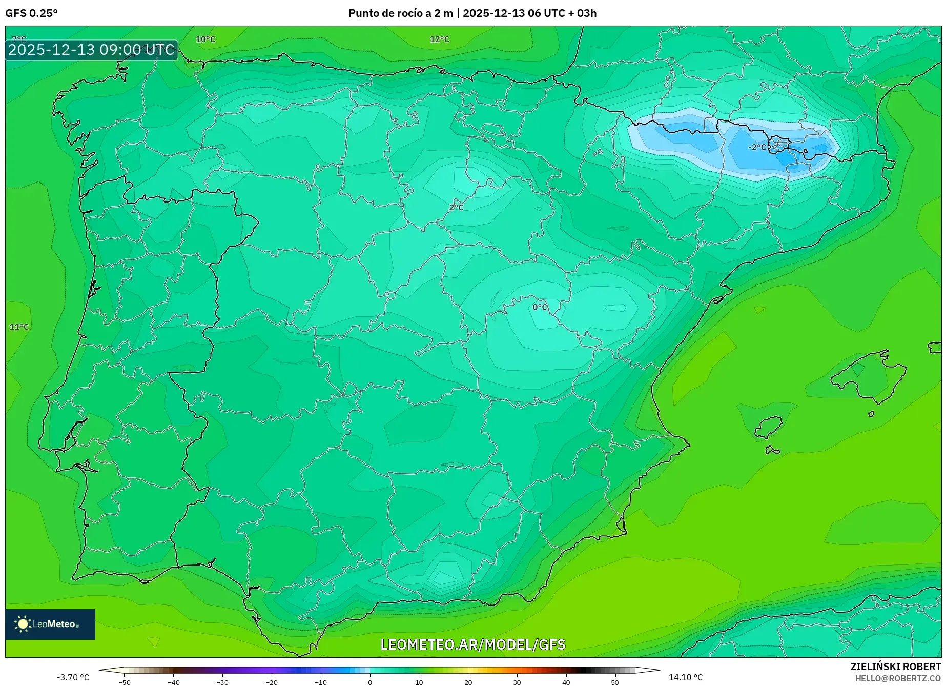 GFS model - España, Punto de rocío a 2 m