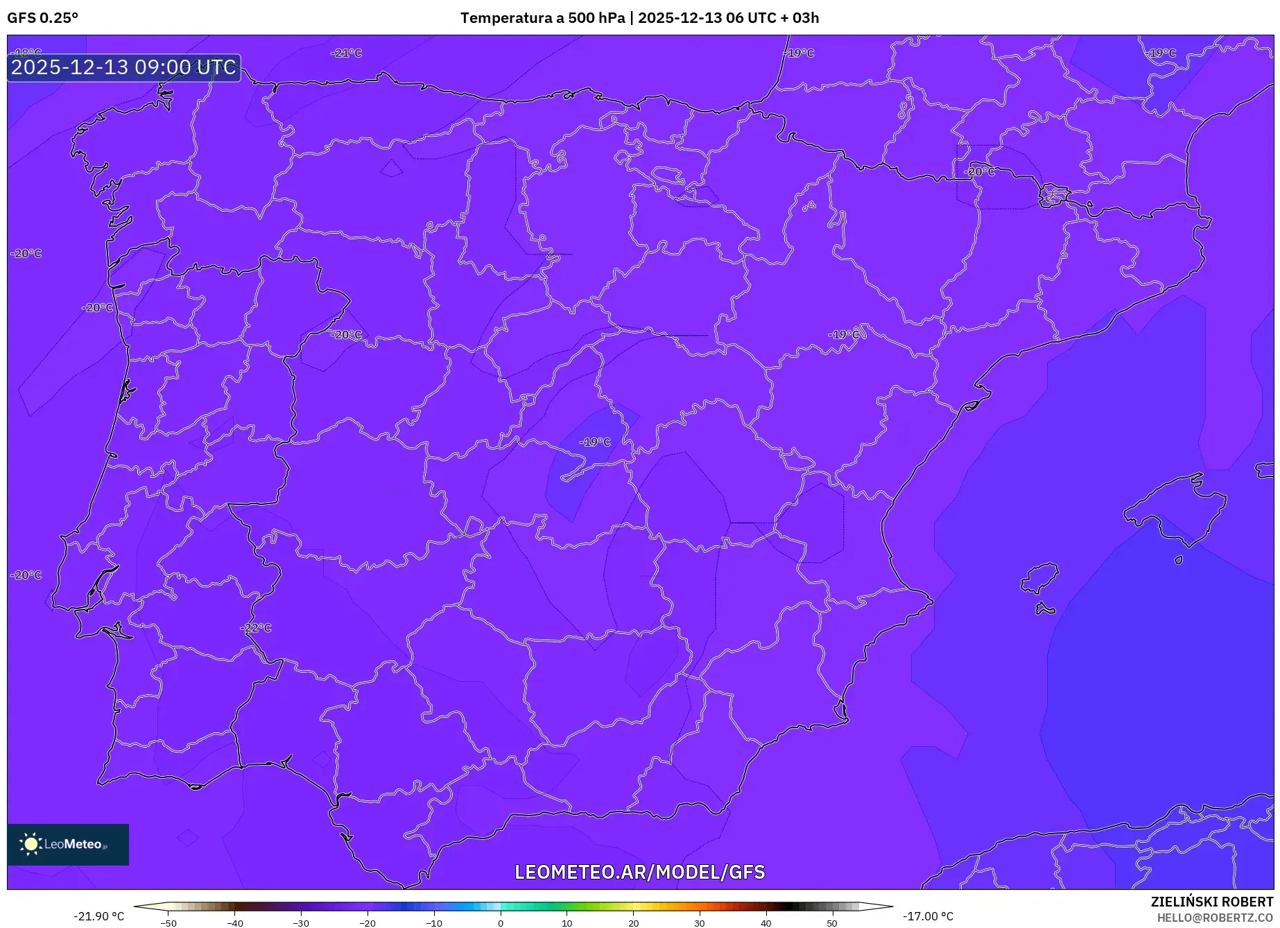 GFS model - España, Temperatura a 500 hPa