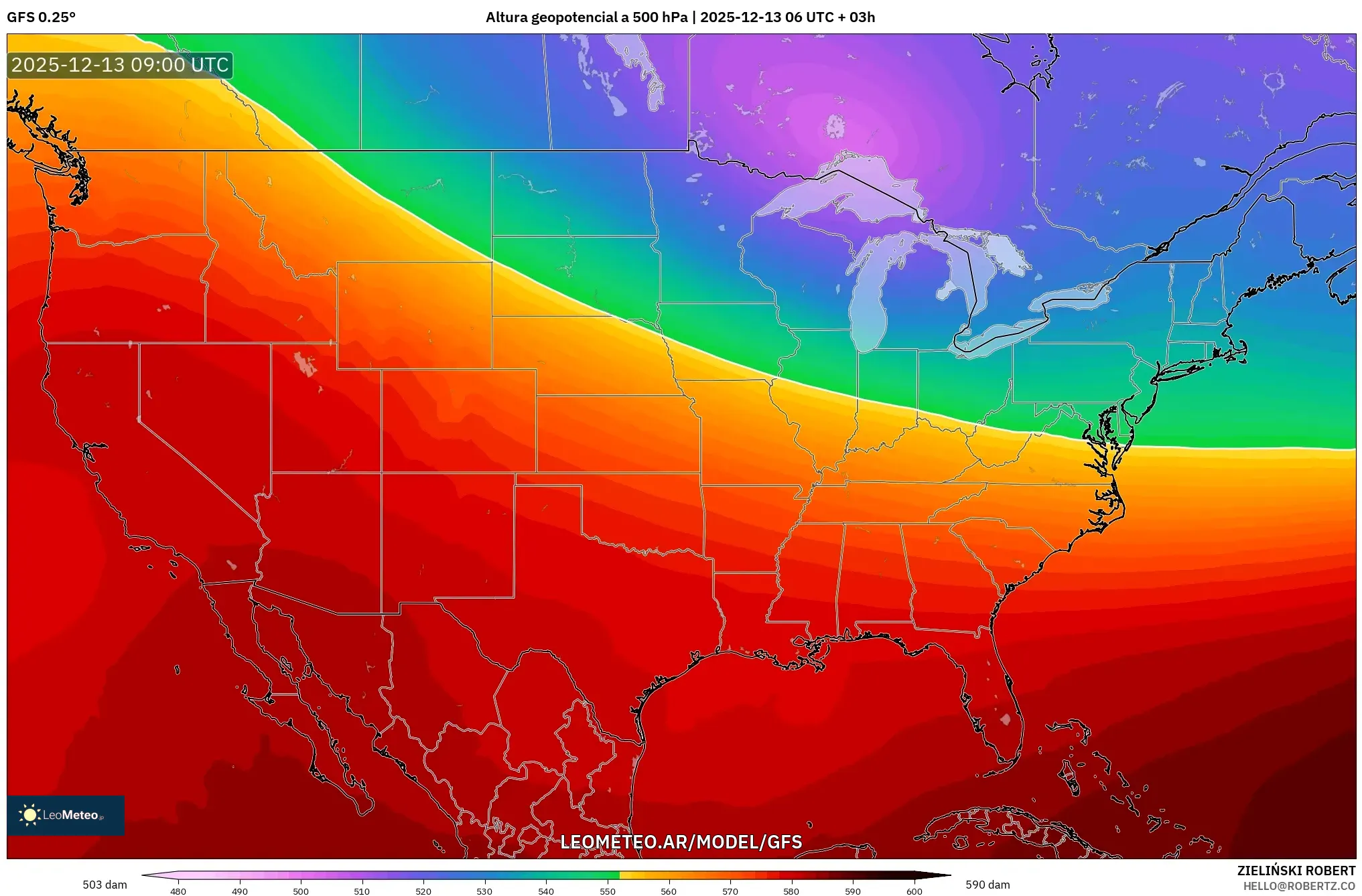 GFS model - Estados Unidos, Altura geopotencial a 500 hPa