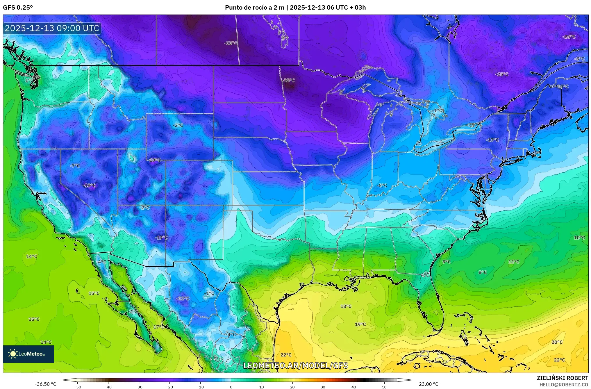 GFS model - Estados Unidos, Punto de rocío a 2 m
