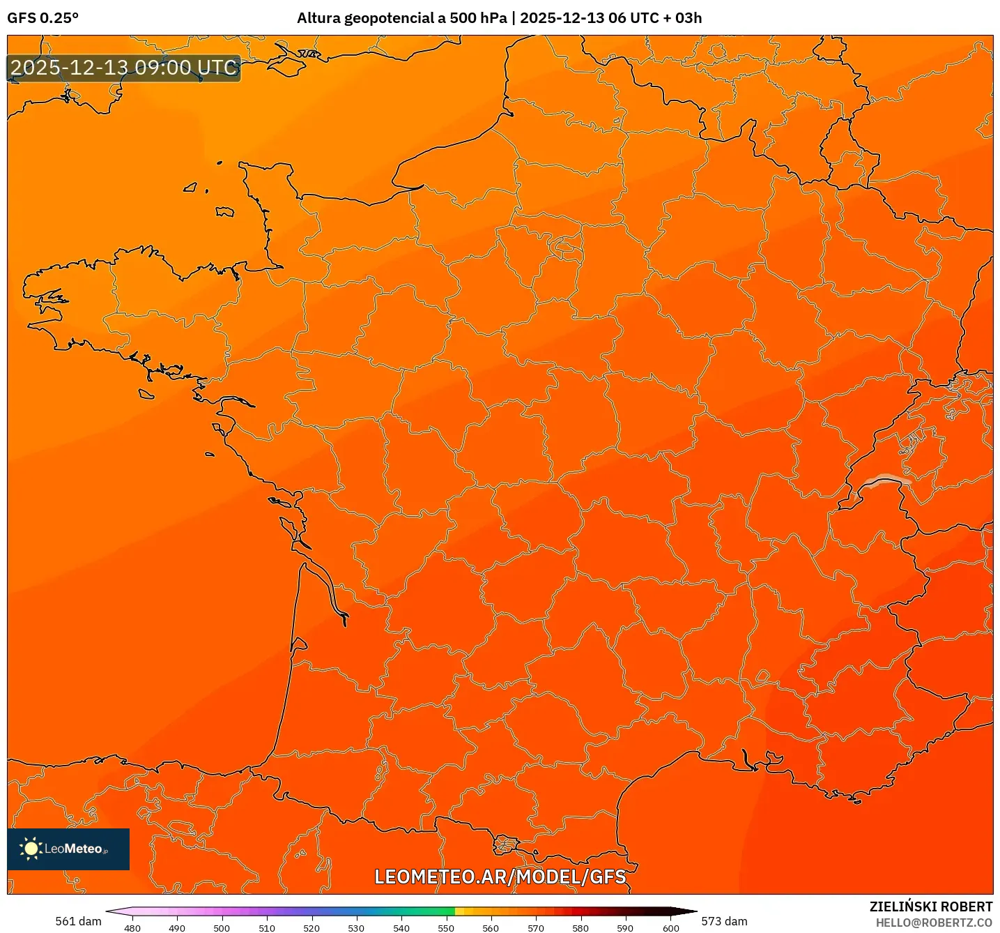 GFS model - Francia, Altura geopotencial a 500 hPa