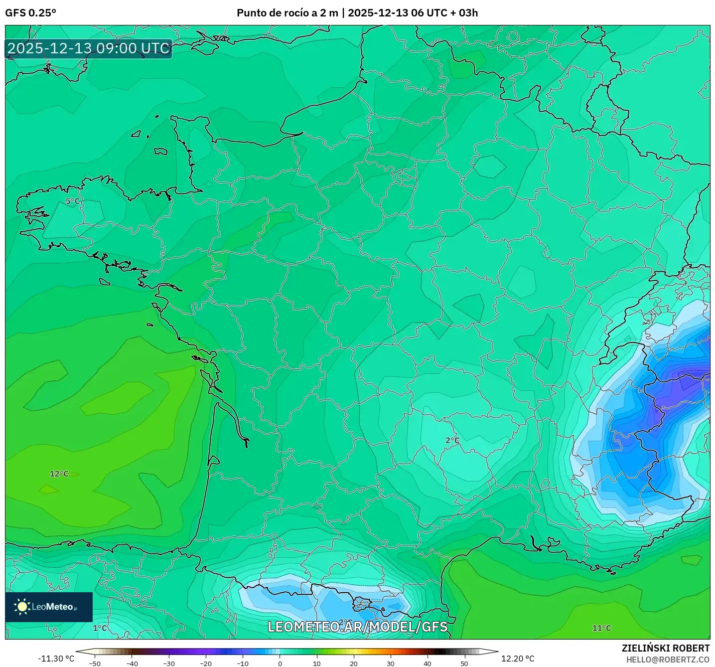 GFS model - Francia, Punto de rocío a 2 m
