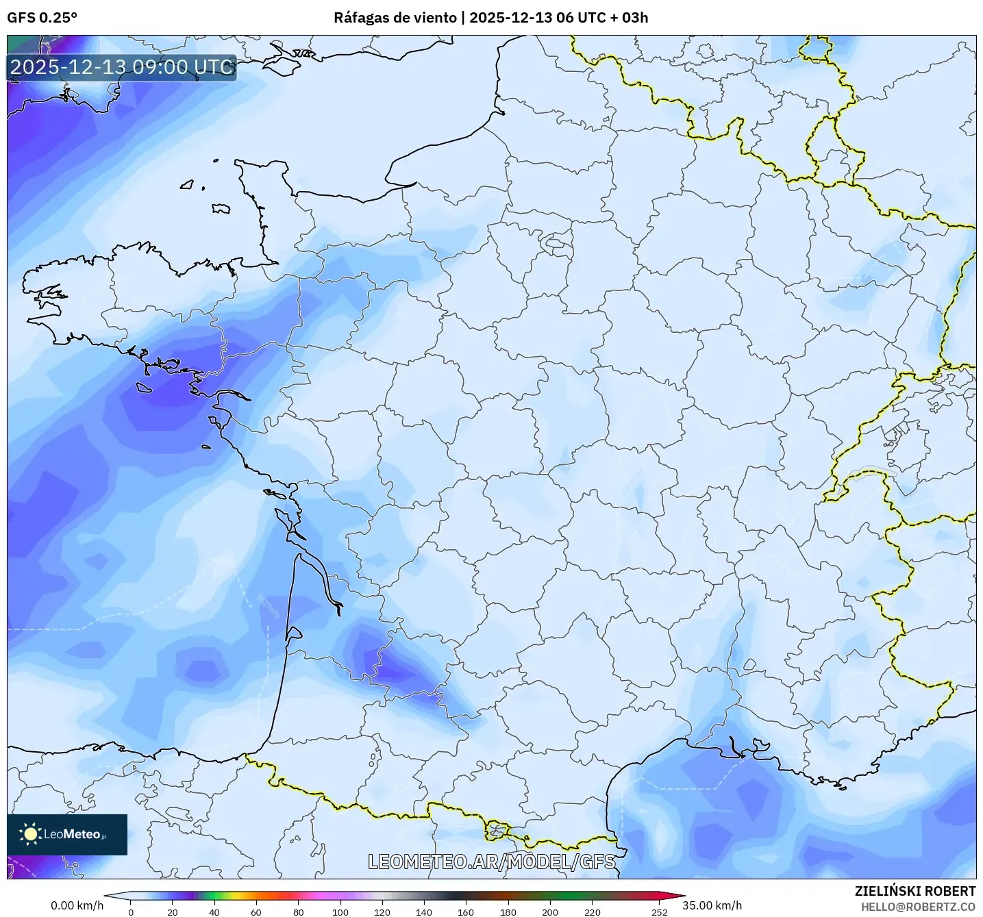 GFS model - Francia, Ráfagas de viento