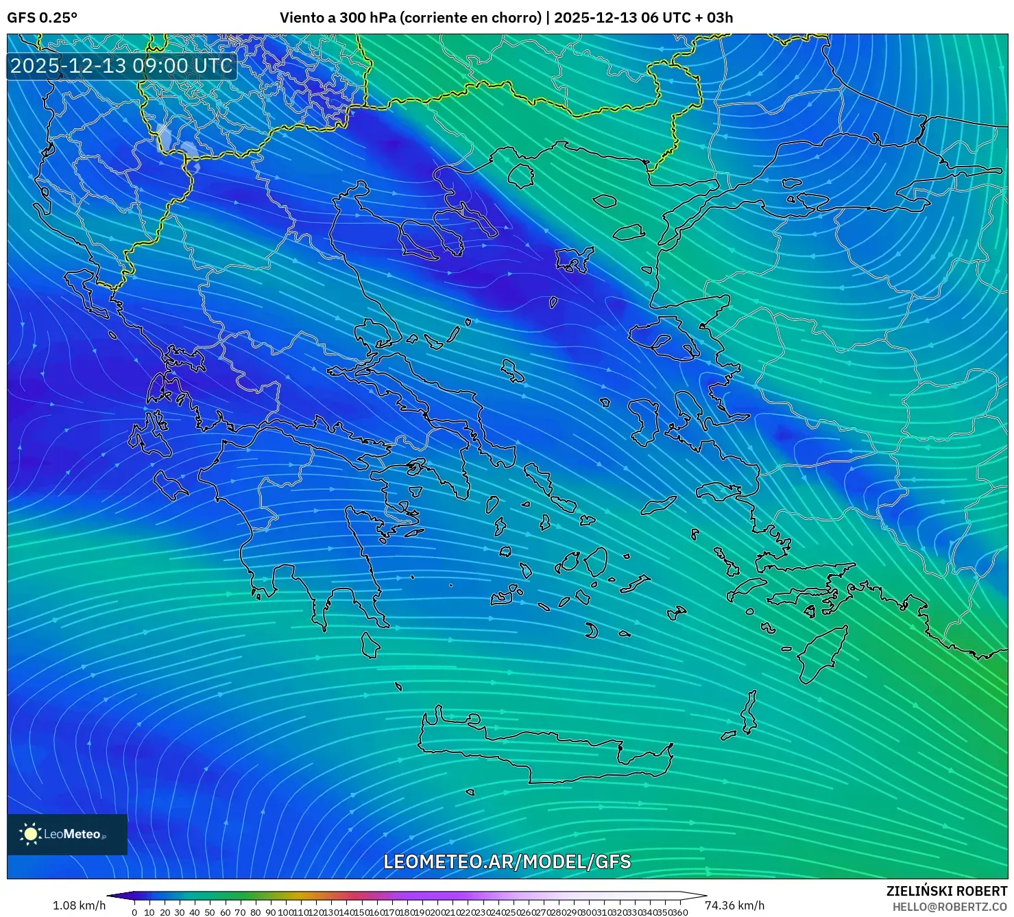GFS model - Grecia, Viento a 300 hPa (corriente en chorro)