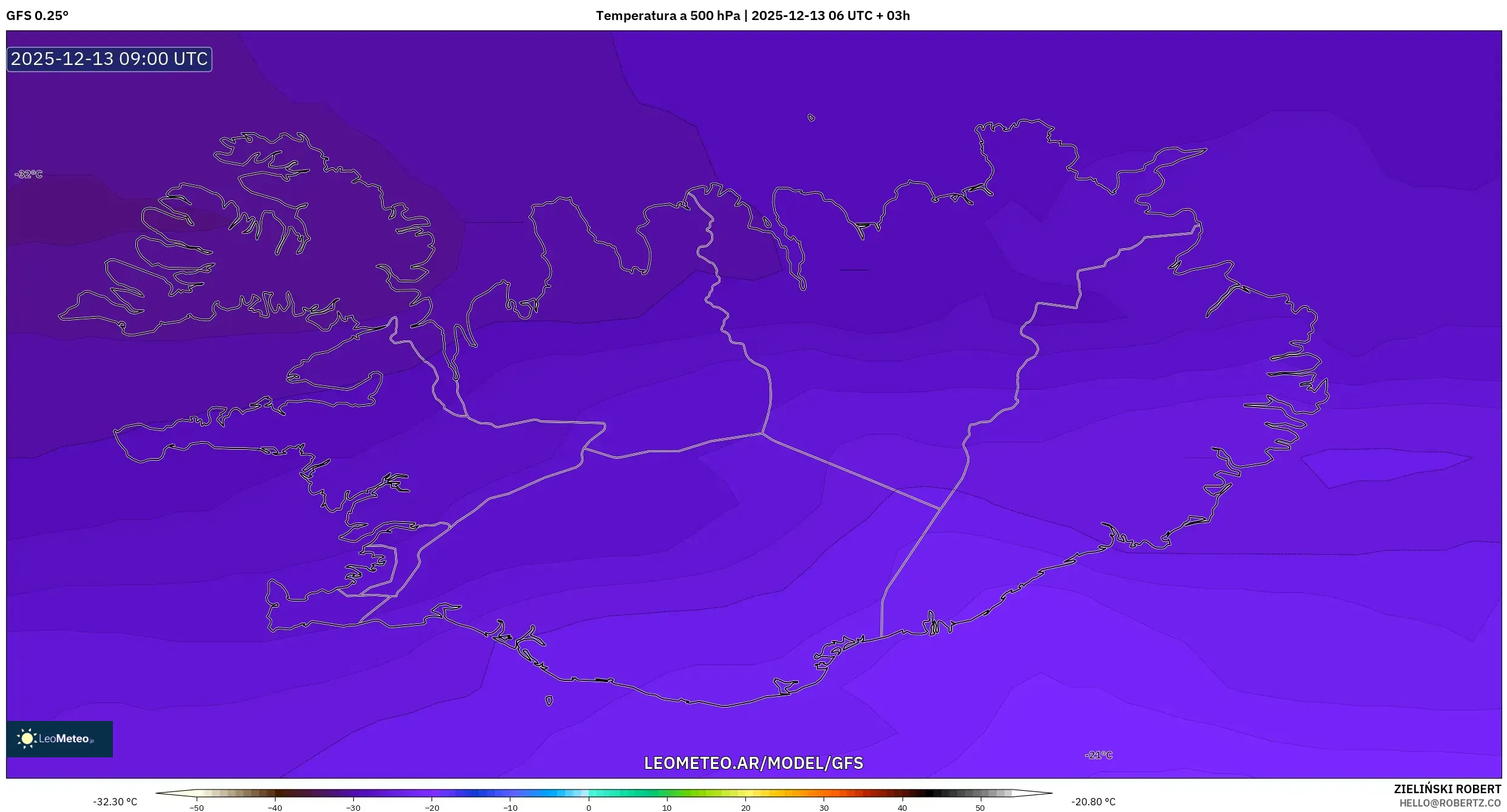 GFS model - Islandia, Temperatura a 500 hPa
