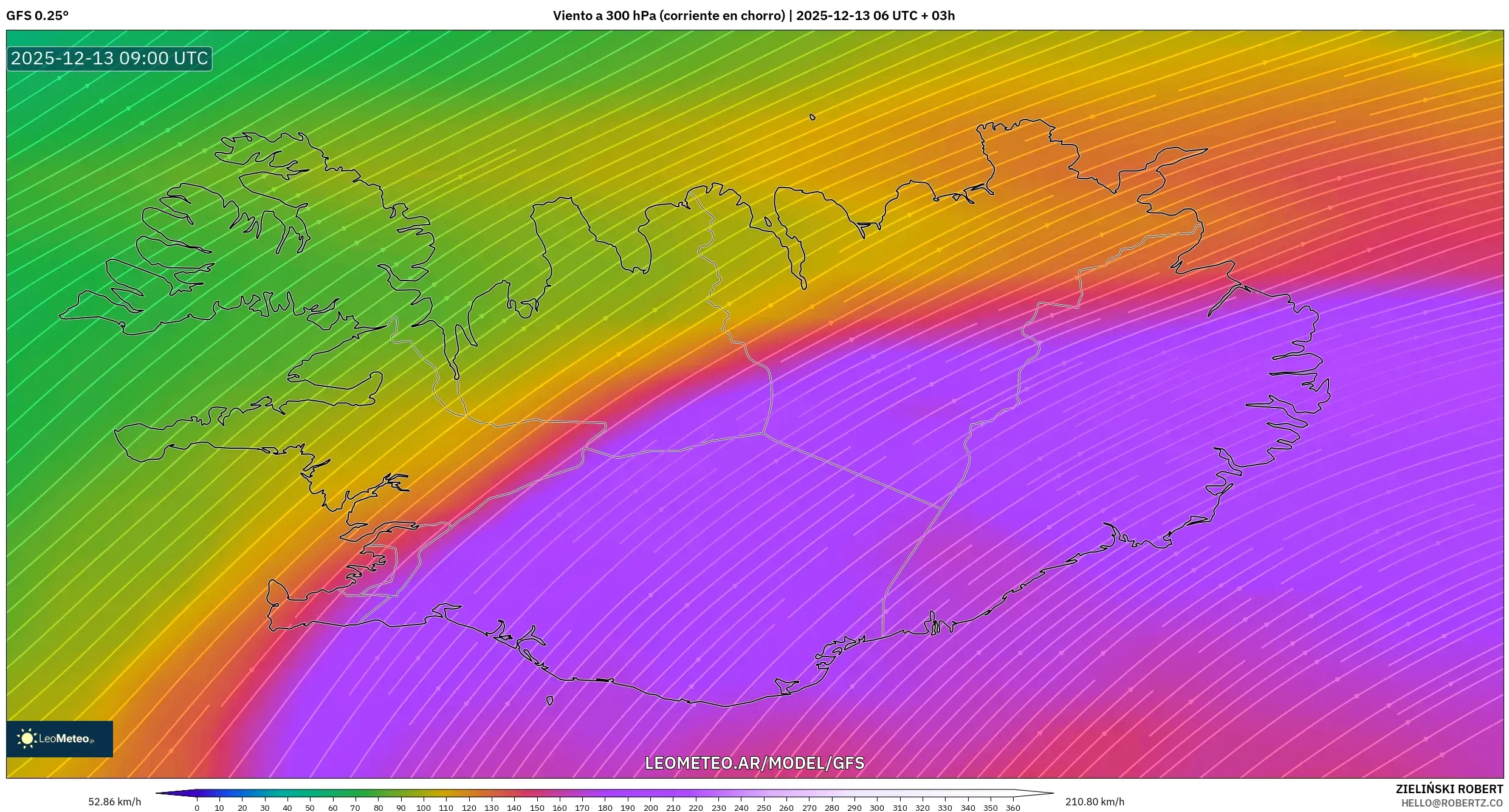 GFS model - Islandia, Viento a 300 hPa (corriente en chorro)