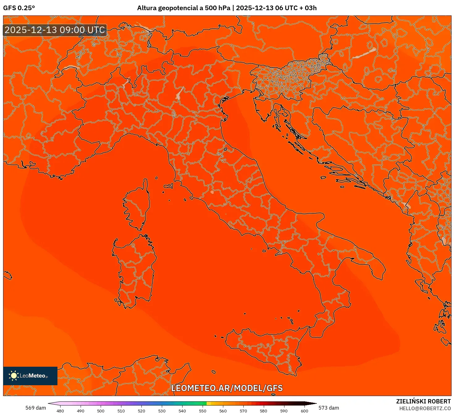 GFS model - Italia, Altura geopotencial a 500 hPa