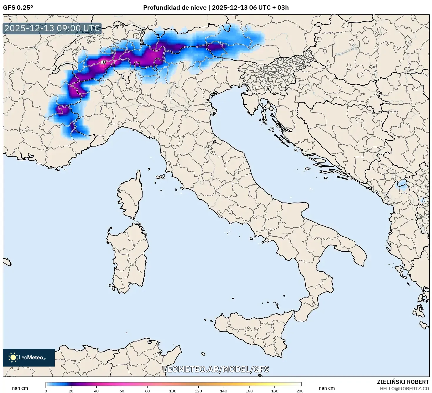 GFS model - Italia, Profundidad de nieve