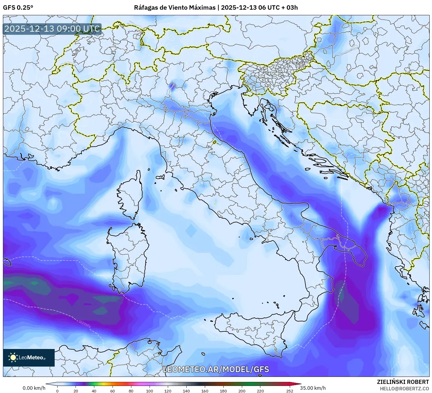 GFS model - Italia, Ráfagas de Viento Máximas