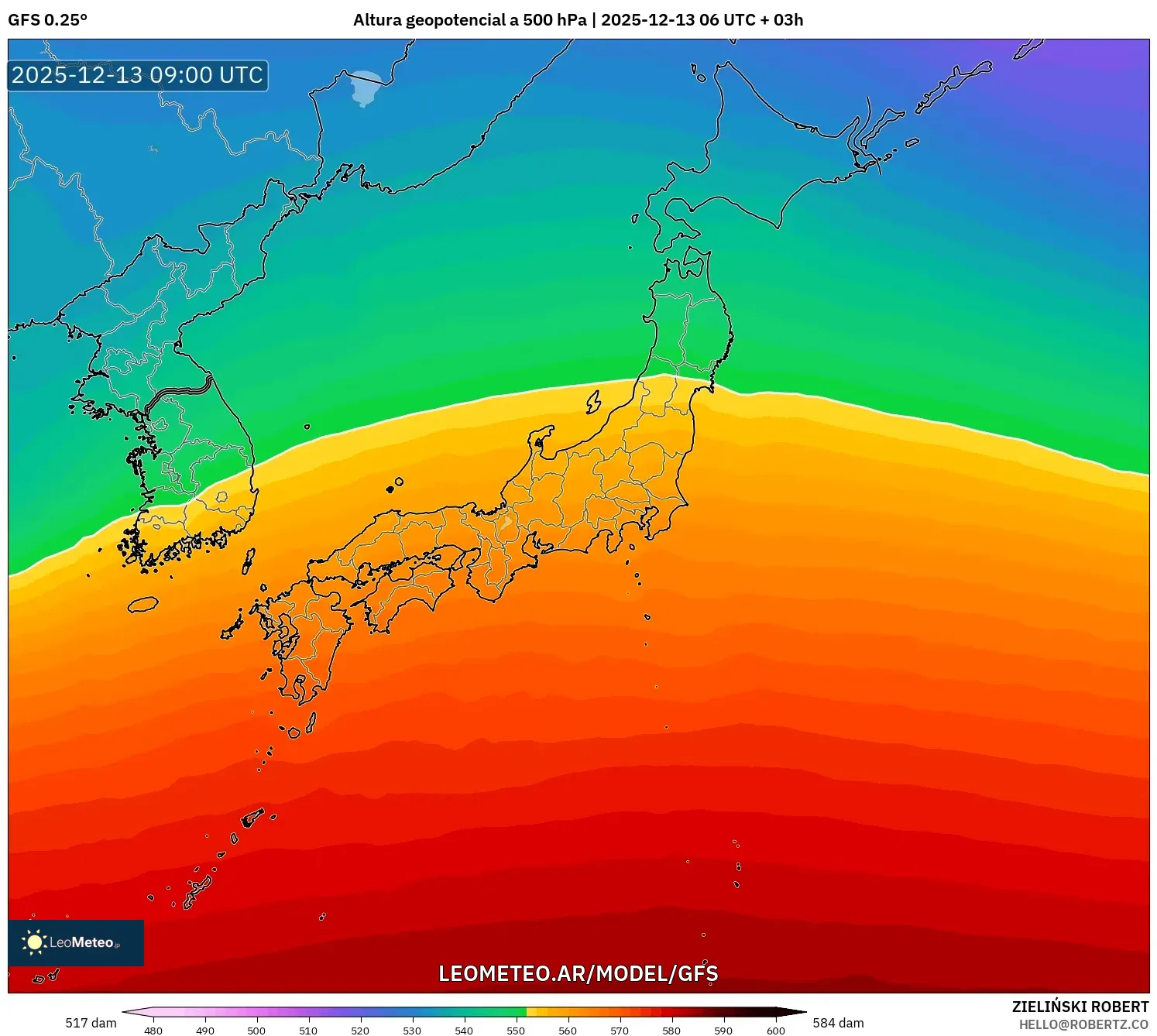 GFS model - Japón, Altura geopotencial a 500 hPa