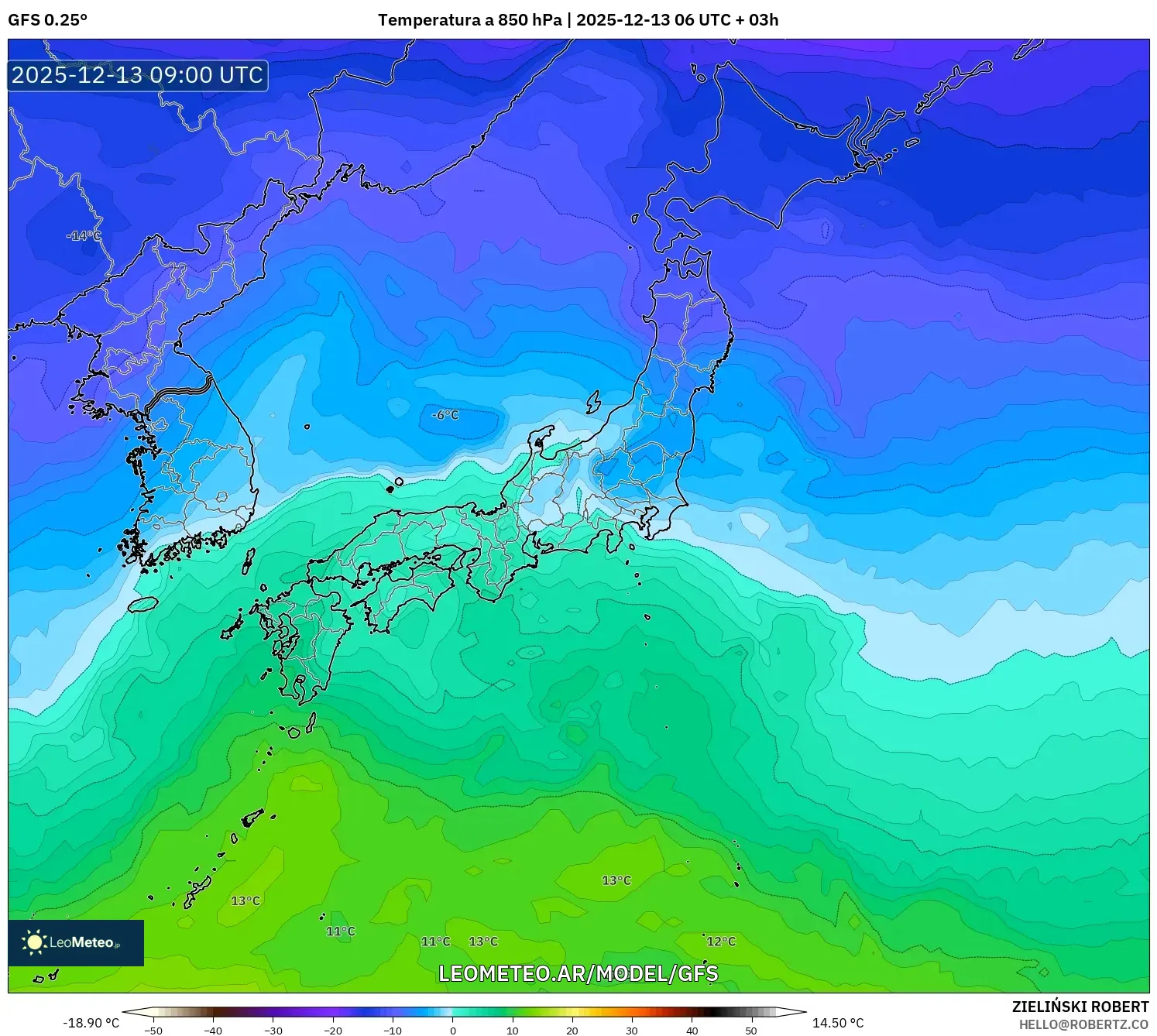 GFS model - Japón, Temperatura a 850 hPa