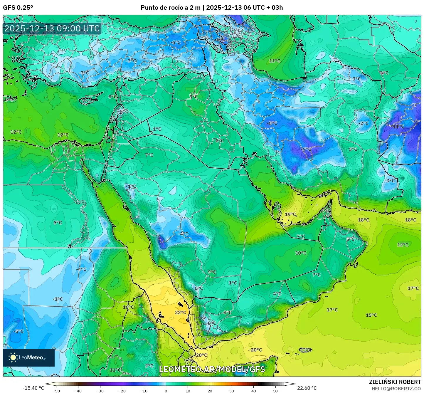 GFS model - Oriente Medio, Punto de rocío a 2 m