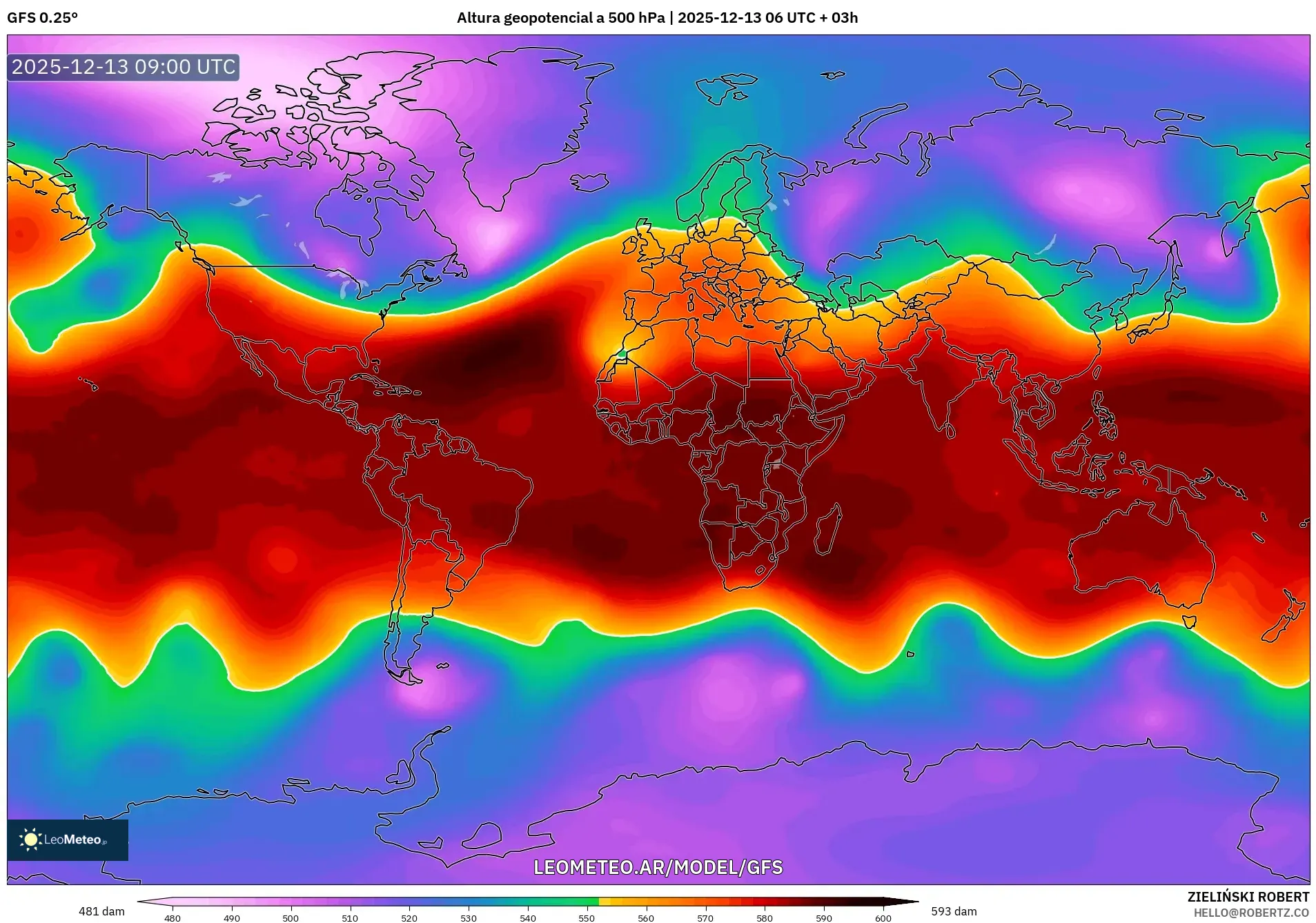 GFS model - Mundo, Altura geopotencial a 500 hPa