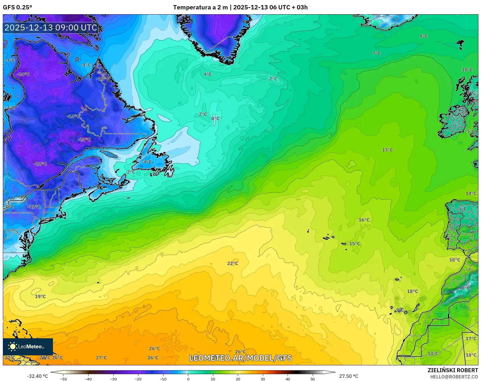 GFS model - Norte Atlántico, Temperatura a 2 m