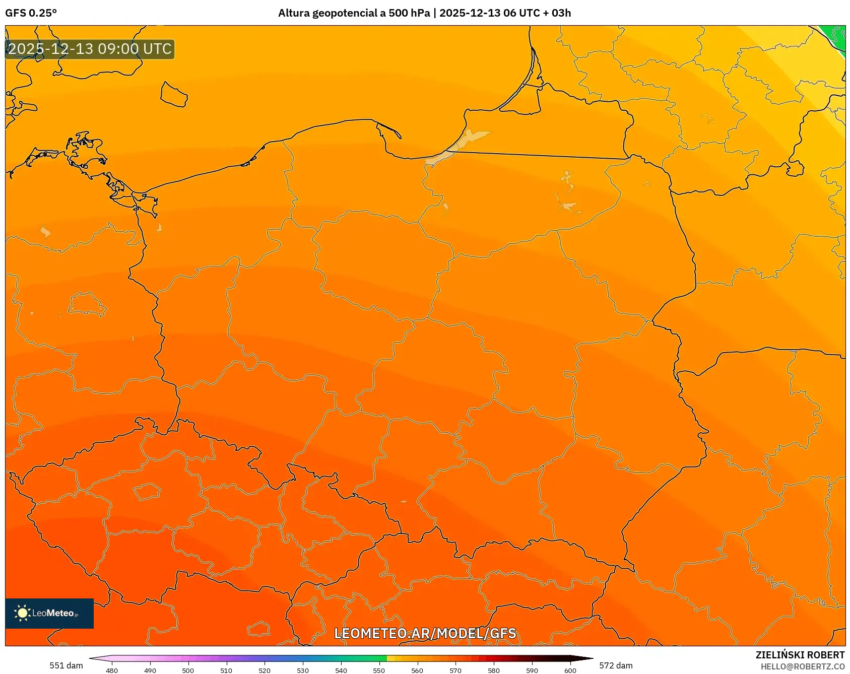 GFS model - Polonia, Altura geopotencial a 500 hPa