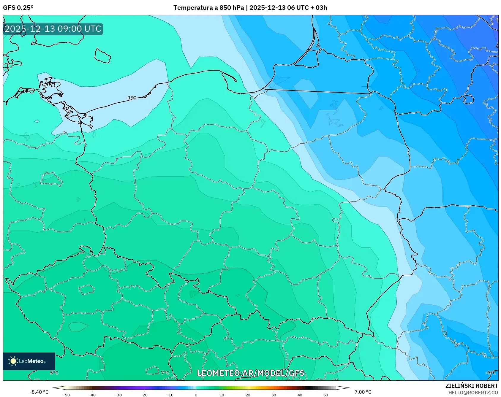 GFS model - Polonia, Temperatura a 850 hPa