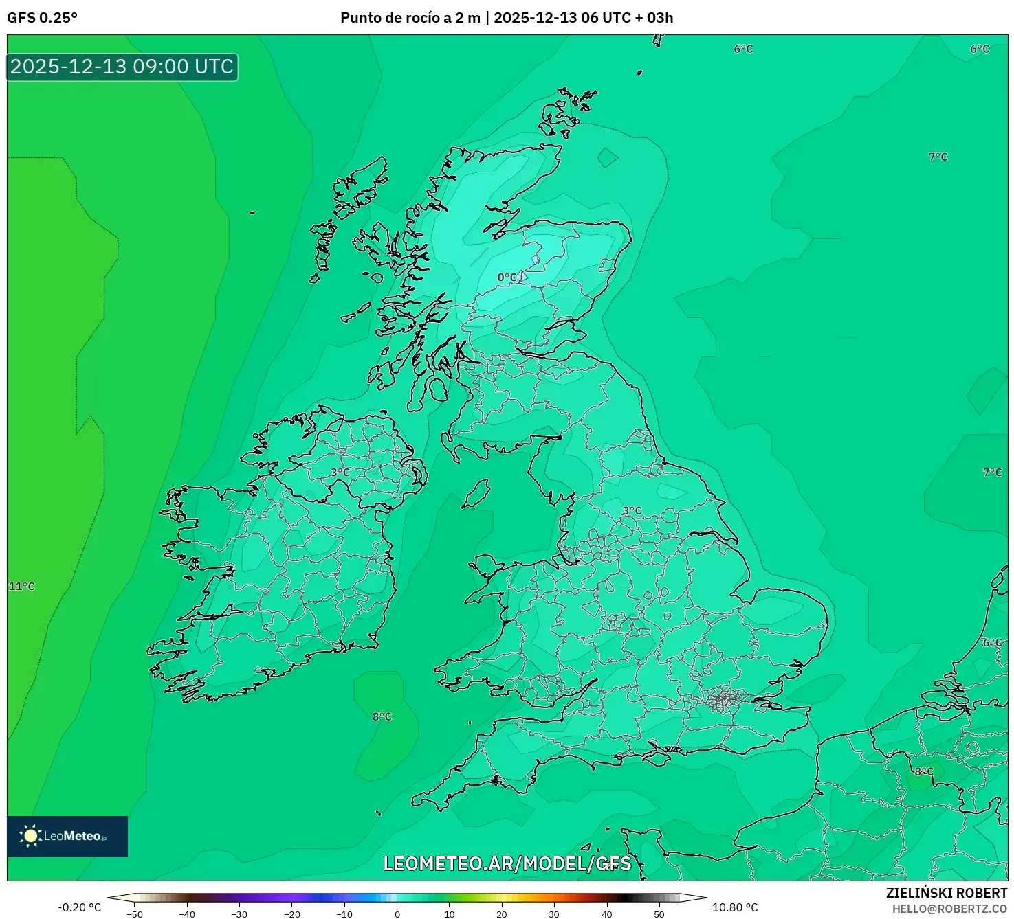 GFS model - Reino Unido, Punto de rocío a 2 m