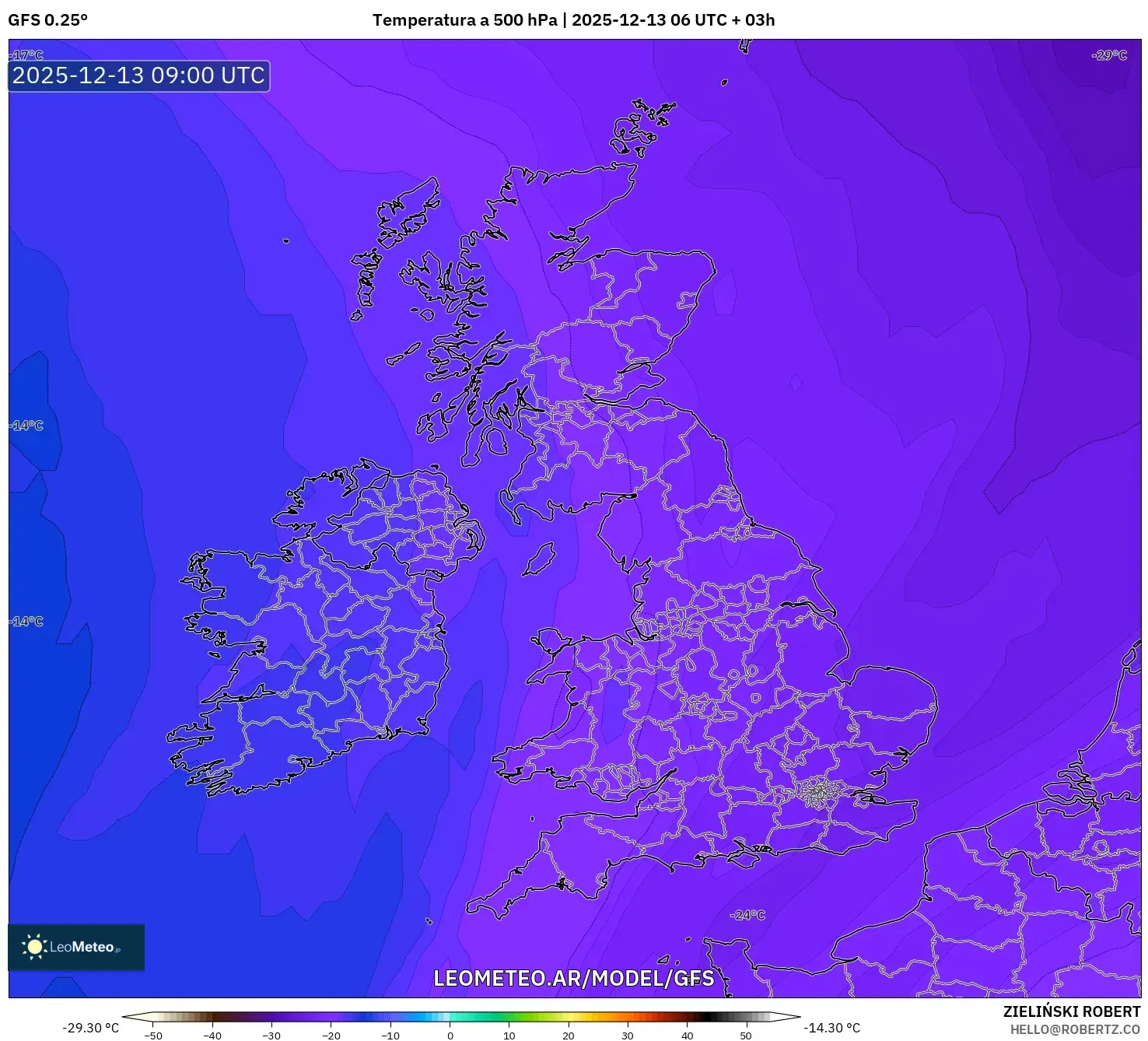 GFS model - Reino Unido, Temperatura a 500 hPa