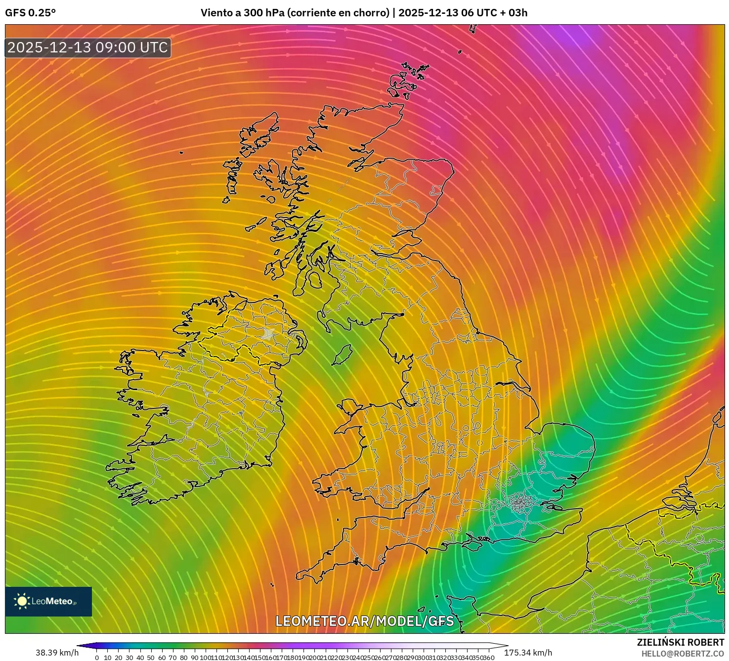 GFS model - Reino Unido, Viento a 300 hPa (corriente en chorro)