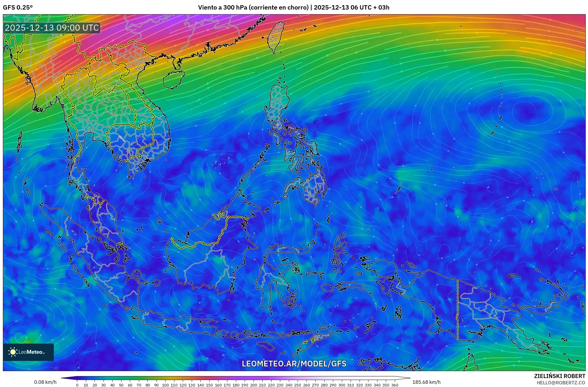 GFS model - Sudeste Asiático, Viento a 300 hPa (corriente en chorro)