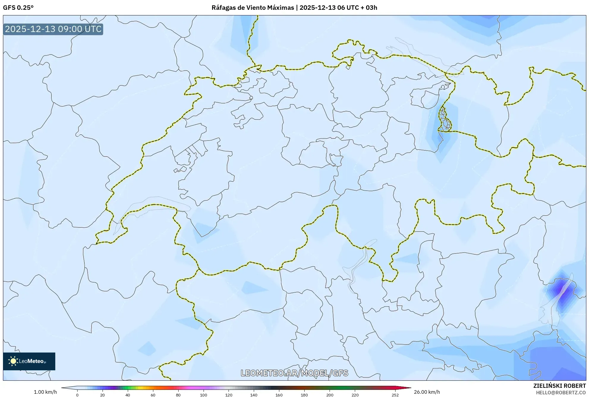GFS model - Suiza, Ráfagas de Viento Máximas