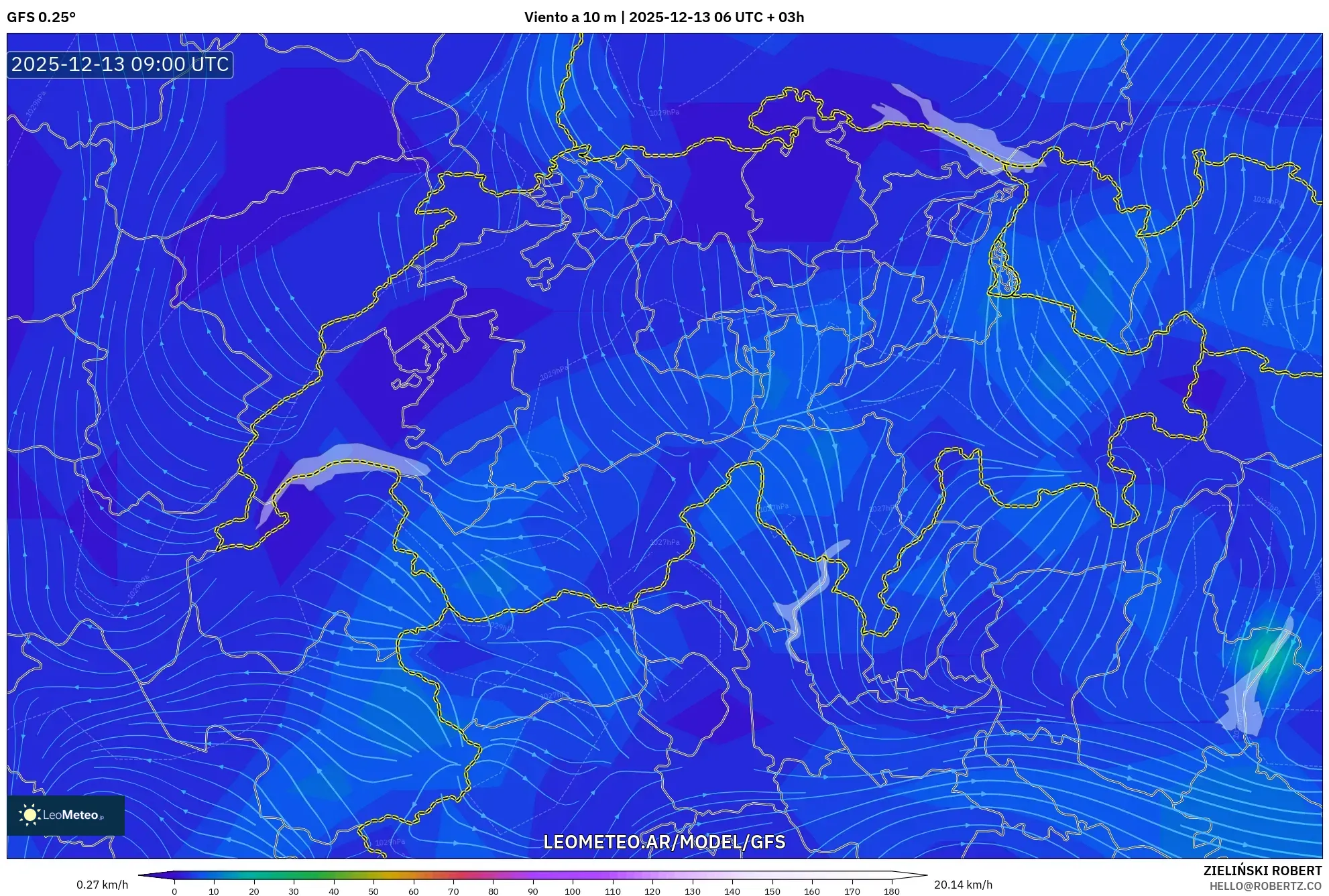 GFS model - Suiza, Viento a 10 m