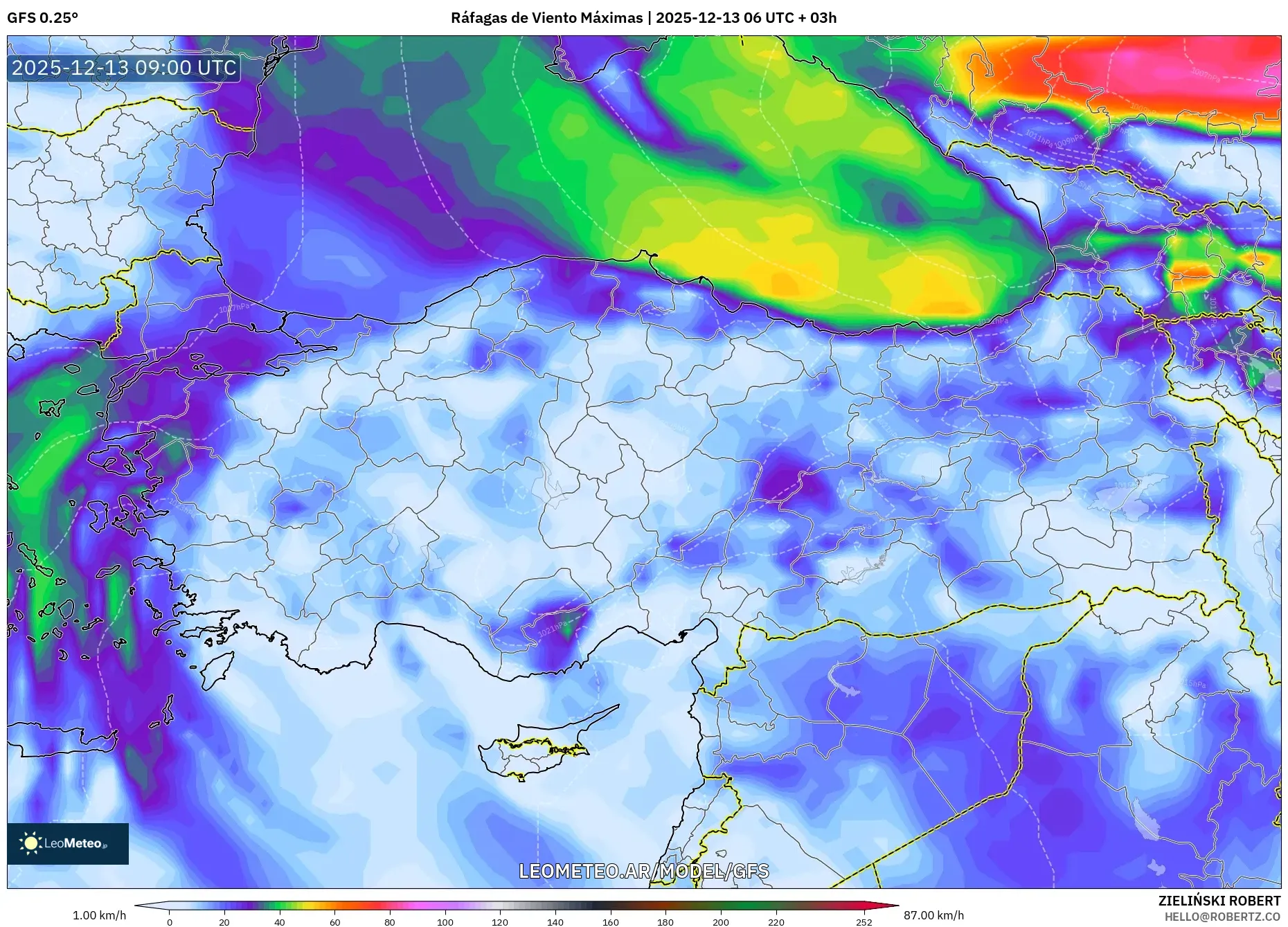 GFS model - Turquía, Ráfagas de Viento Máximas
