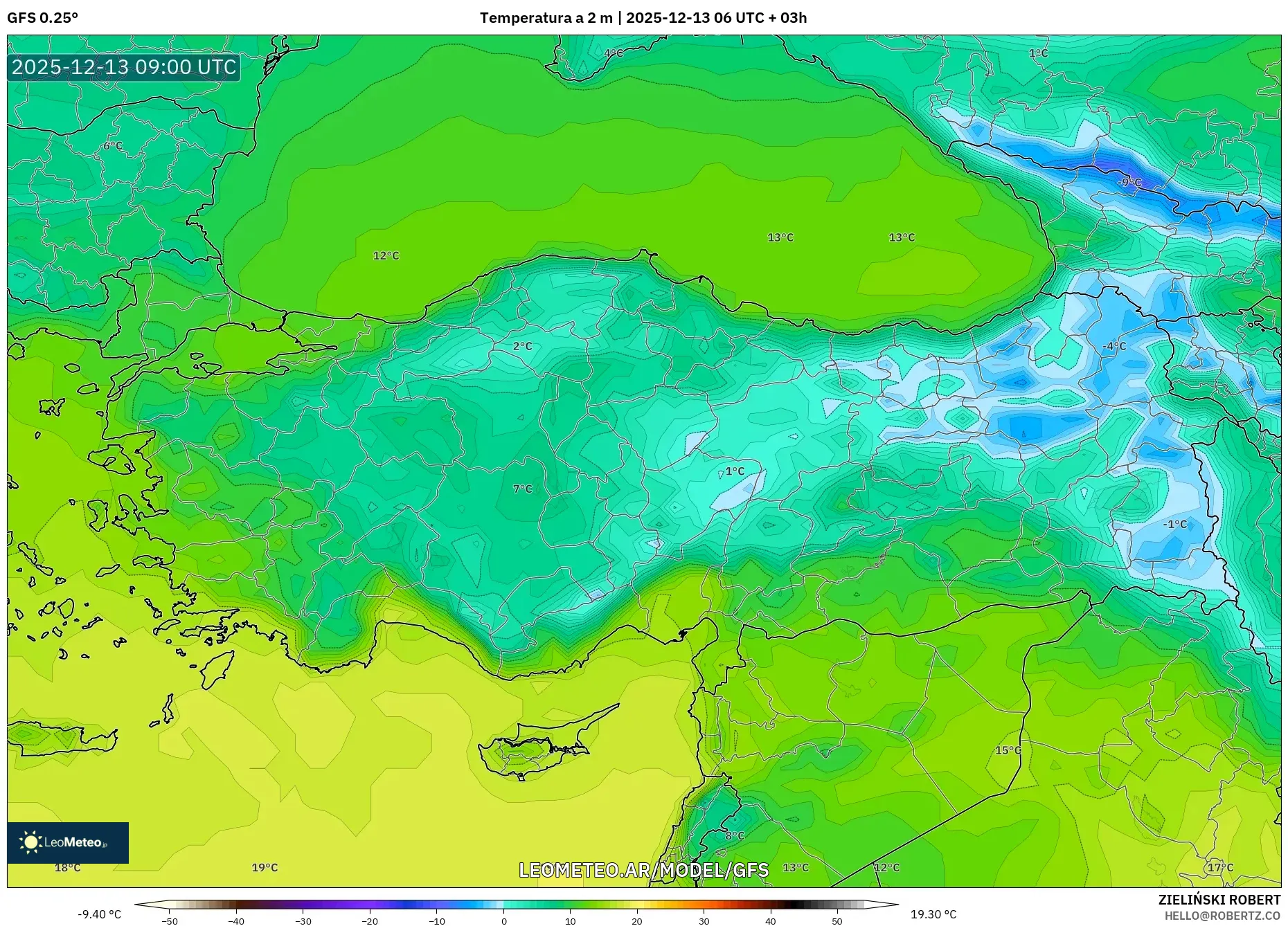 GFS model - Turquía, Temperatura a 2 m