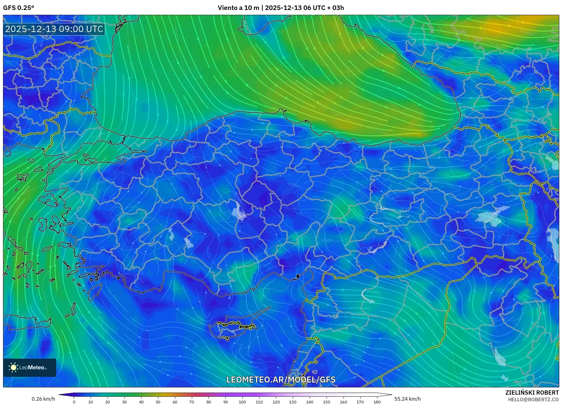GFS model - Turquía, Viento a 10 m