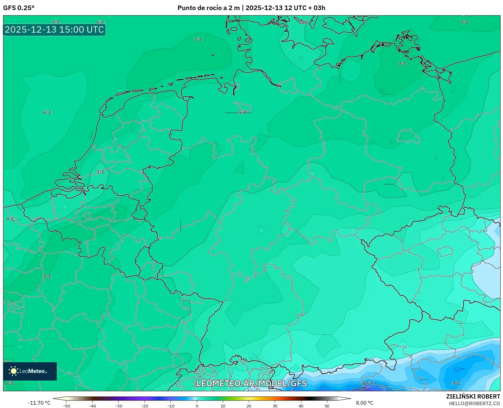 GFS model - Alemania, Punto de rocío a 2 m