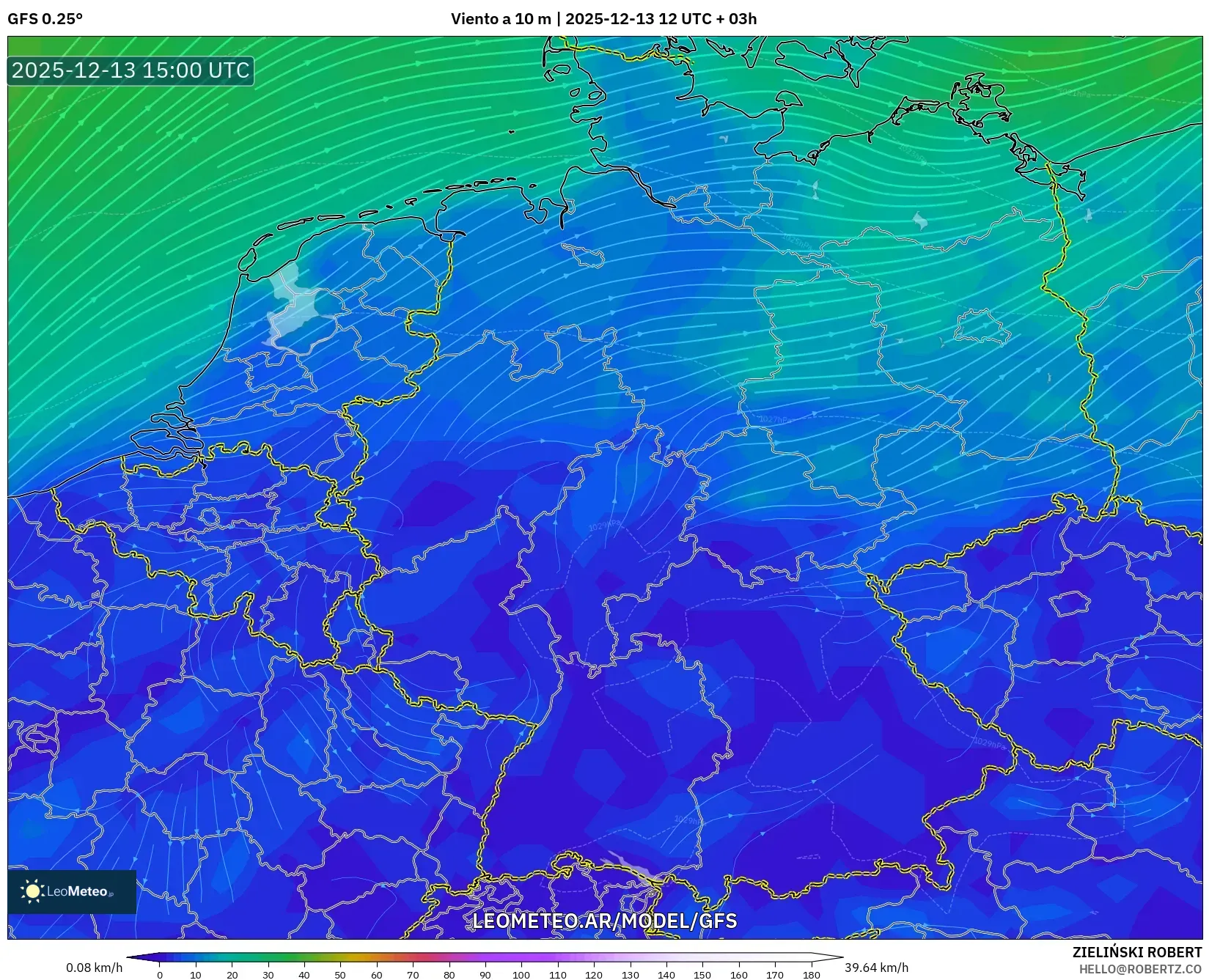 GFS model - Alemania, Viento a 10 m