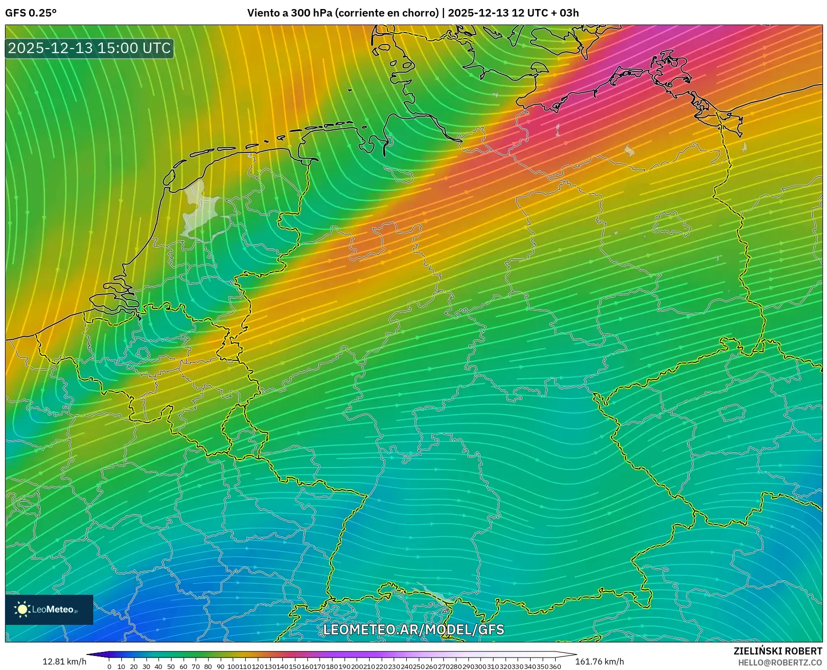 GFS model - Alemania, Viento a 300 hPa (corriente en chorro)