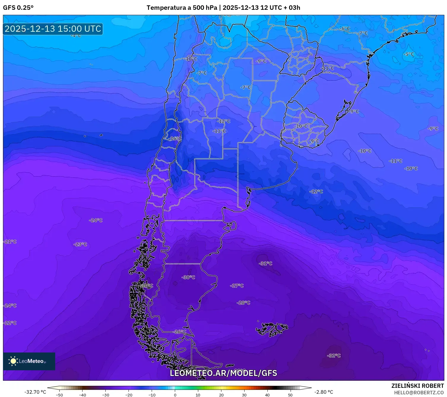 GFS model - Argentina, Temperatura a 500 hPa