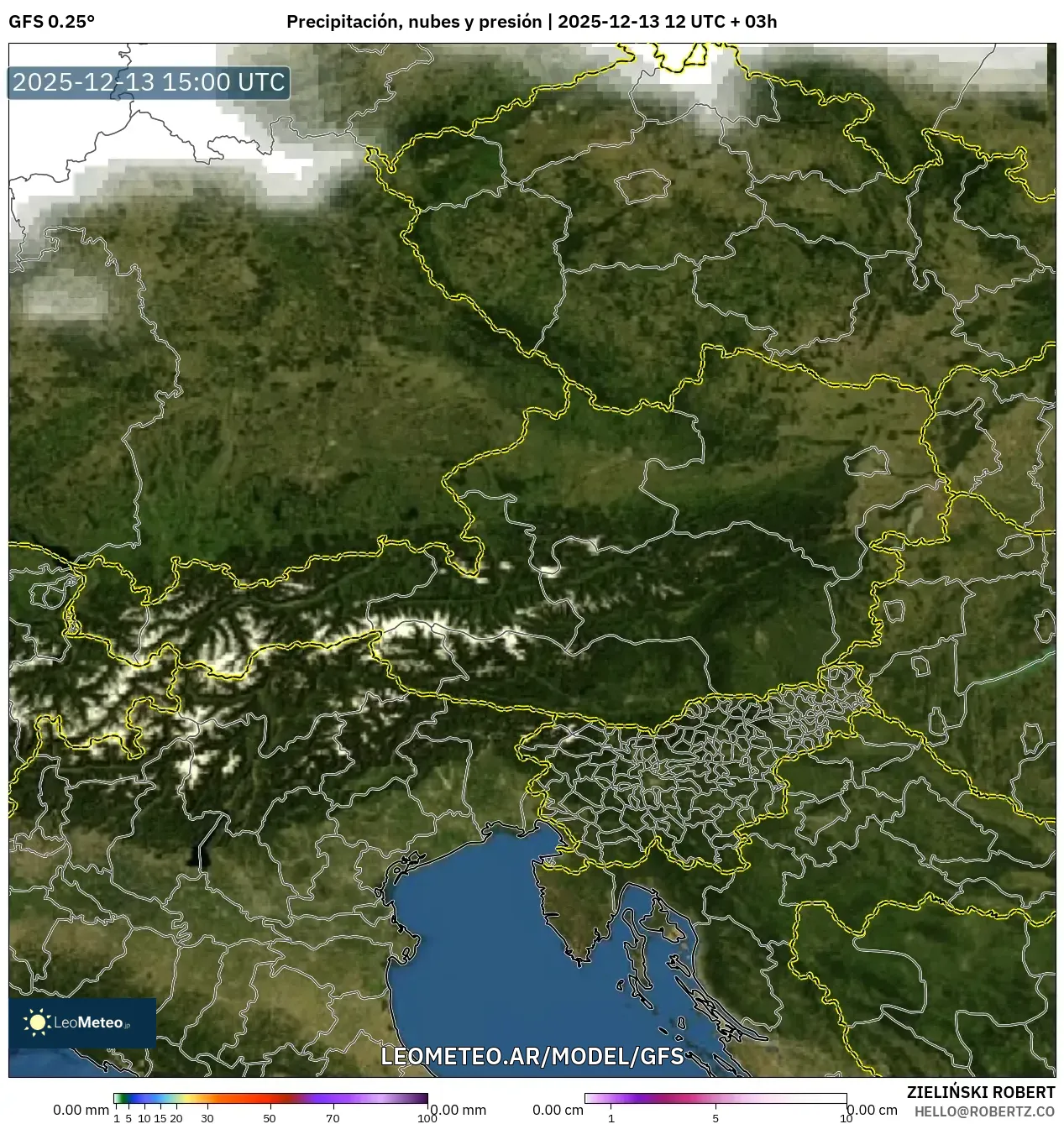 GFS model - Austria, Precipitación, nubes y presión