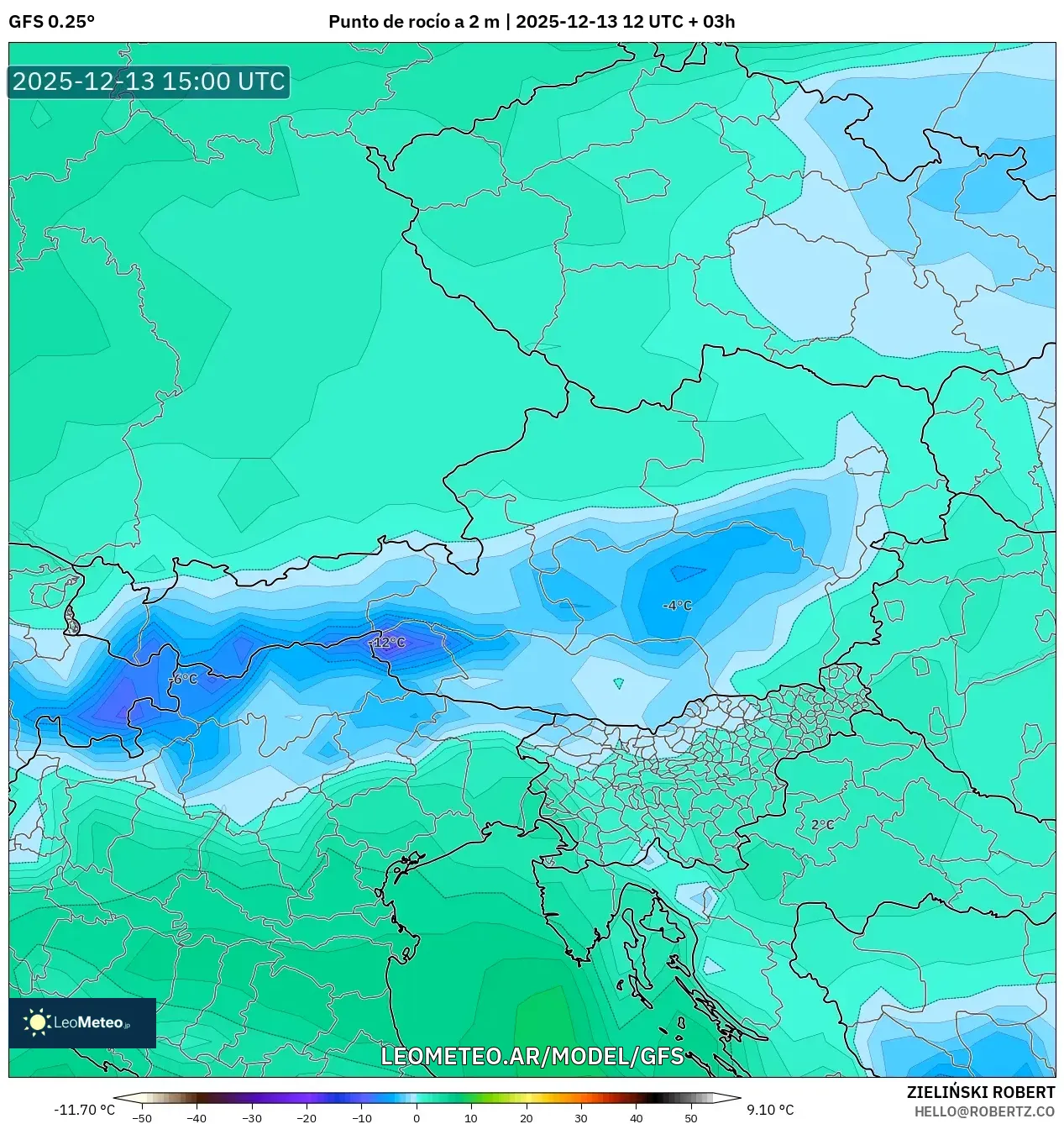 GFS model - Austria, Punto de rocío a 2 m