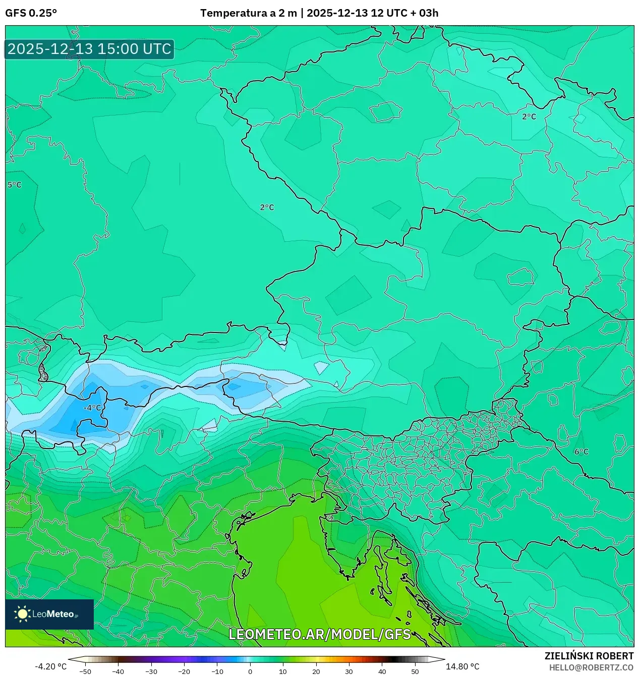 GFS model - Austria, Temperatura a 2 m