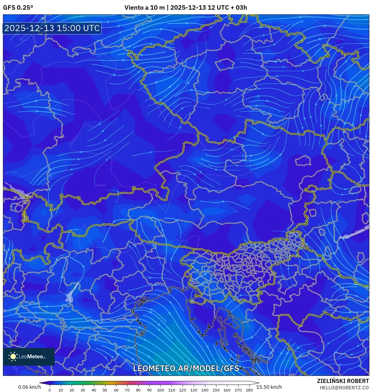 GFS model - Austria, Viento a 10 m