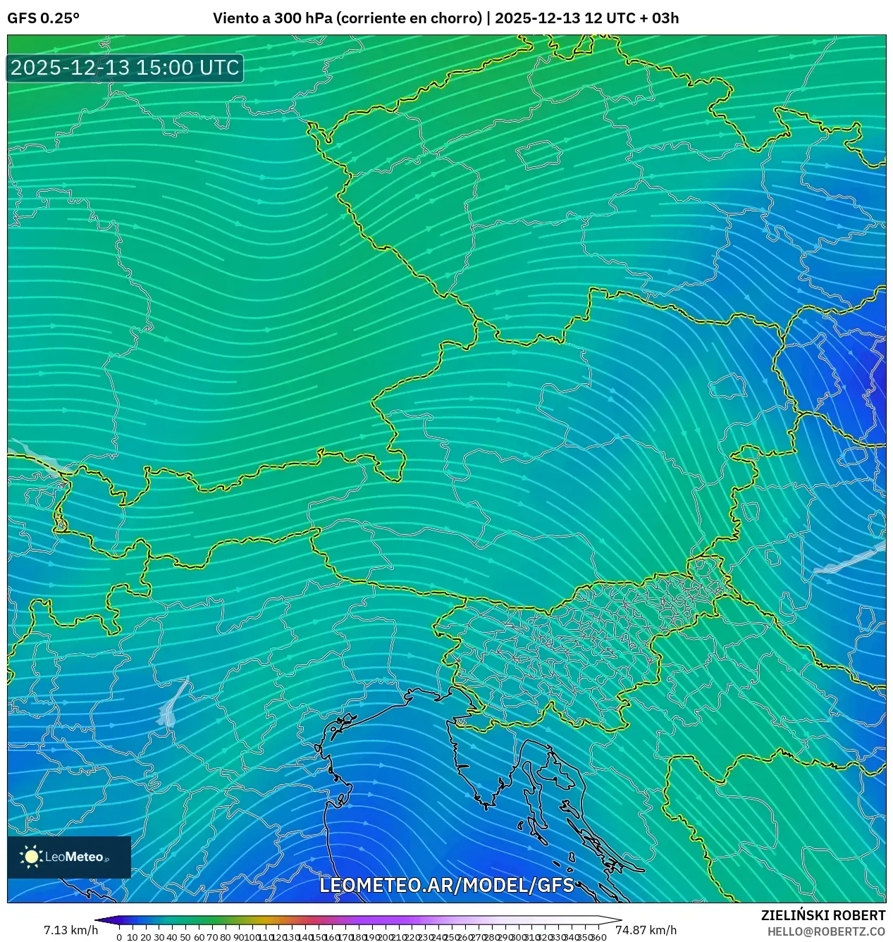 GFS model - Austria, Viento a 300 hPa (corriente en chorro)