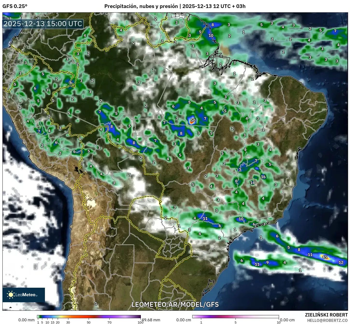 GFS model - Brasil, Precipitación, nubes y presión