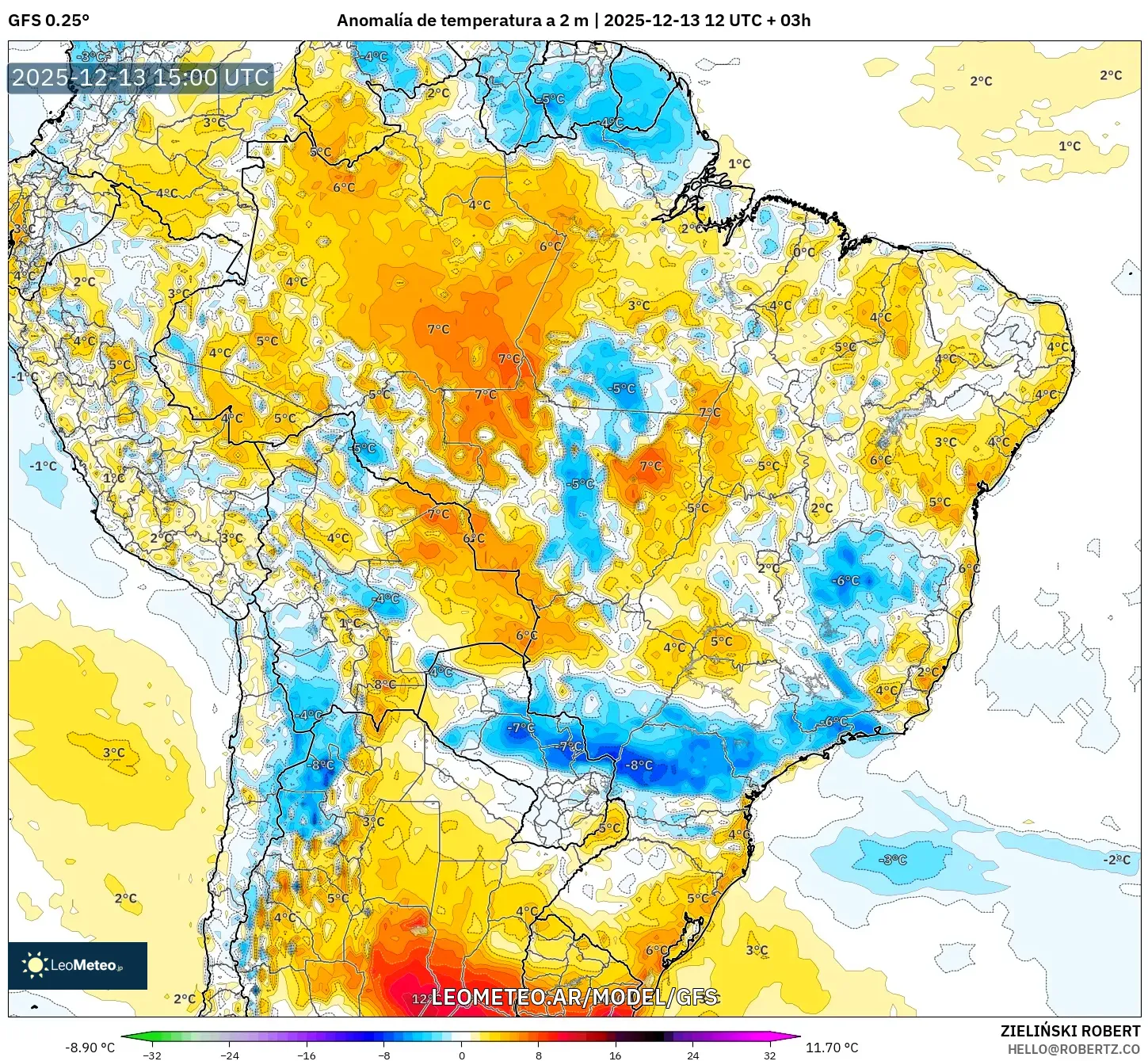 GFS model - Brasil, Anomalía de temperatura a 2 m