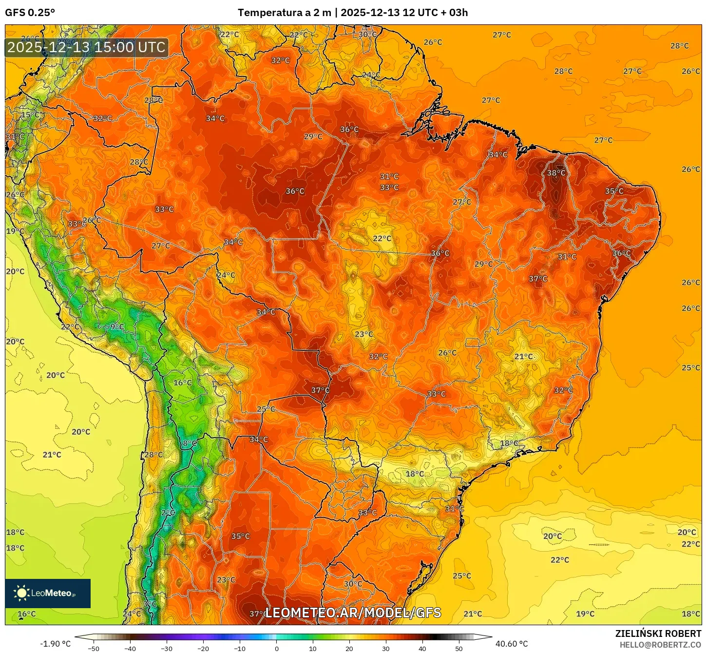 GFS model - Brasil, Temperatura a 2 m