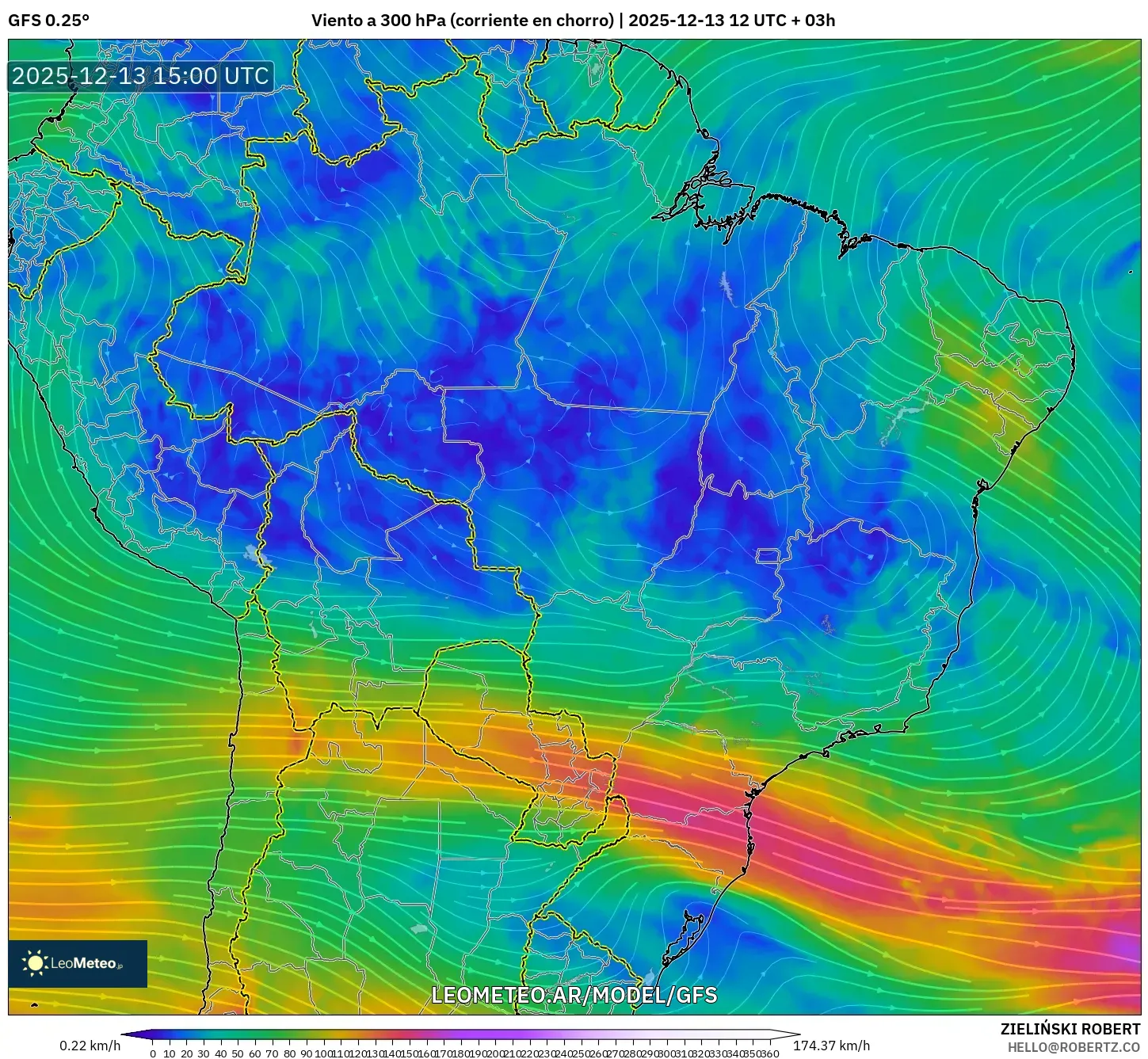 GFS model - Brasil, Viento a 300 hPa (corriente en chorro)