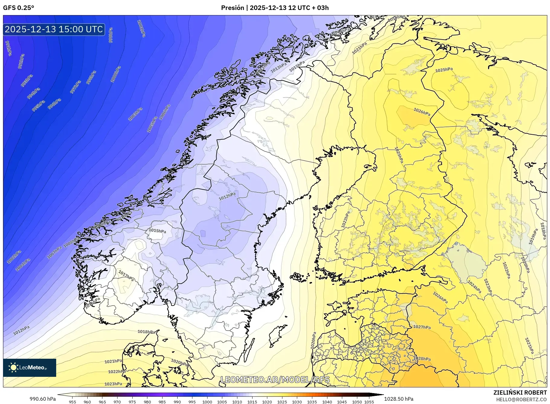 GFS model - Escandinavia, Presión