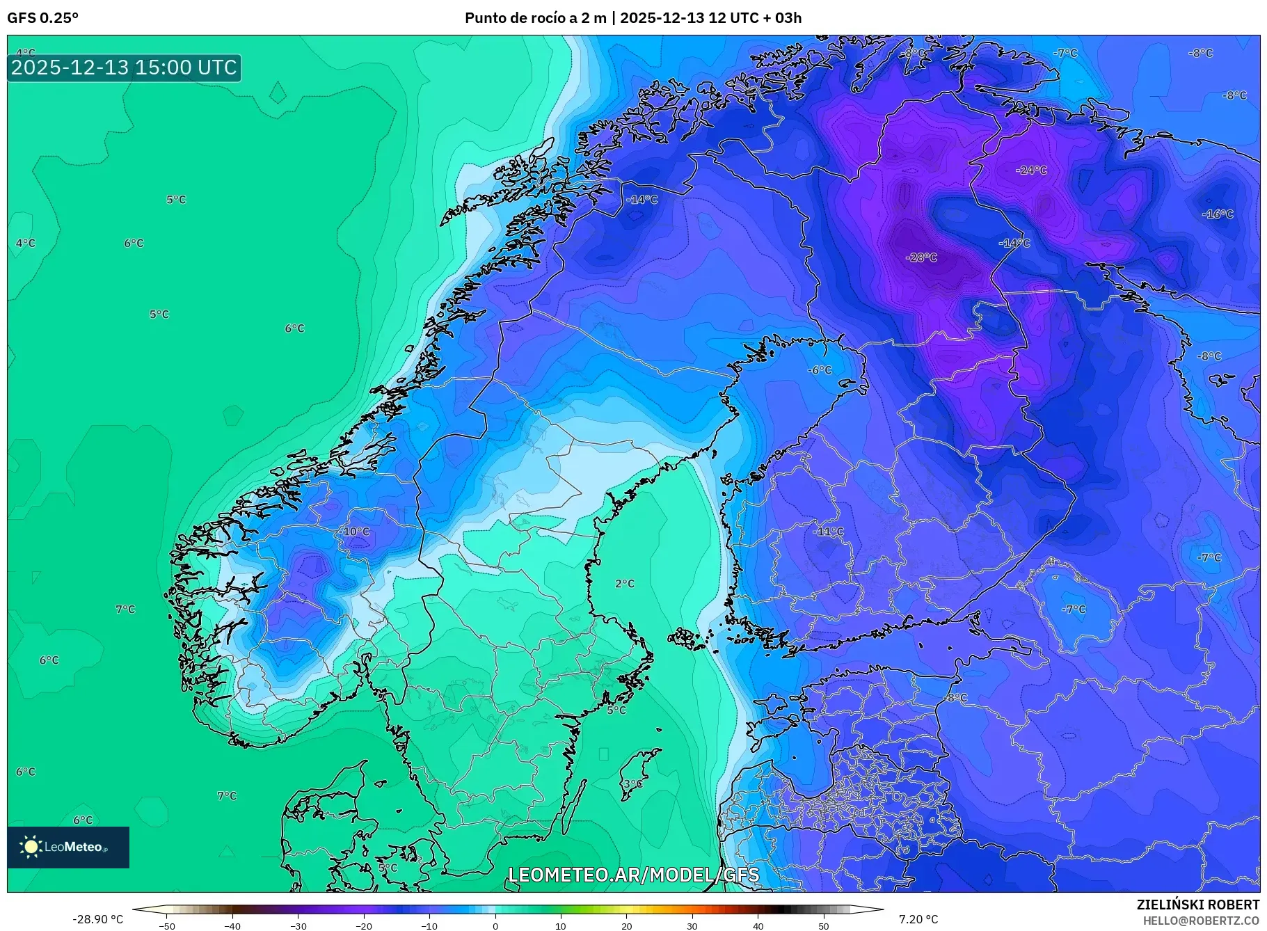 GFS model - Escandinavia, Punto de rocío a 2 m