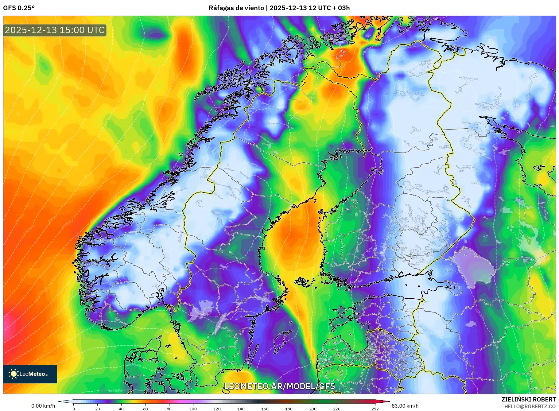 GFS model - Escandinavia, Ráfagas de viento