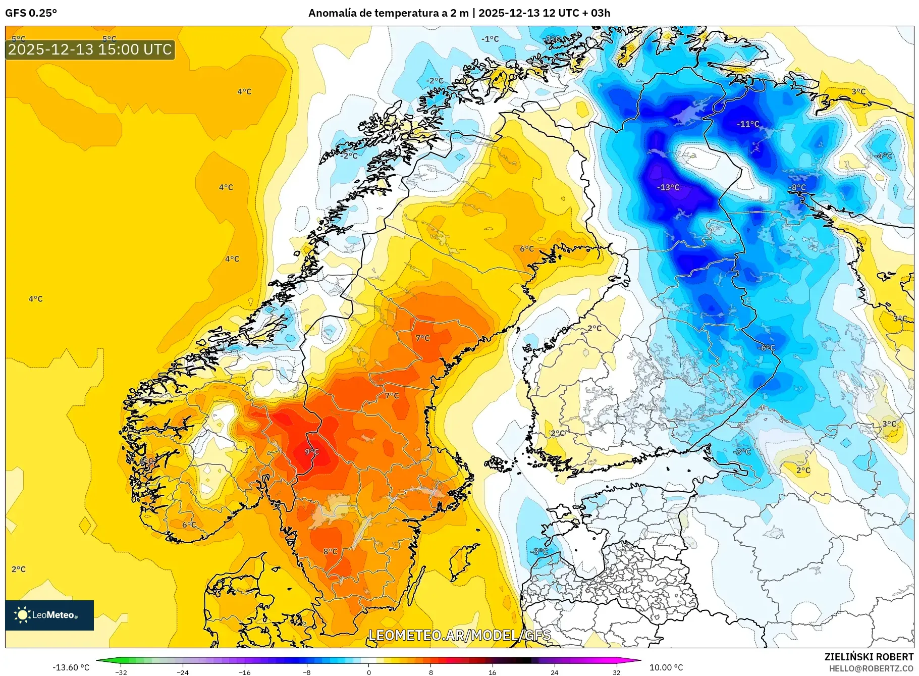 GFS model - Escandinavia, Anomalía de temperatura a 2 m