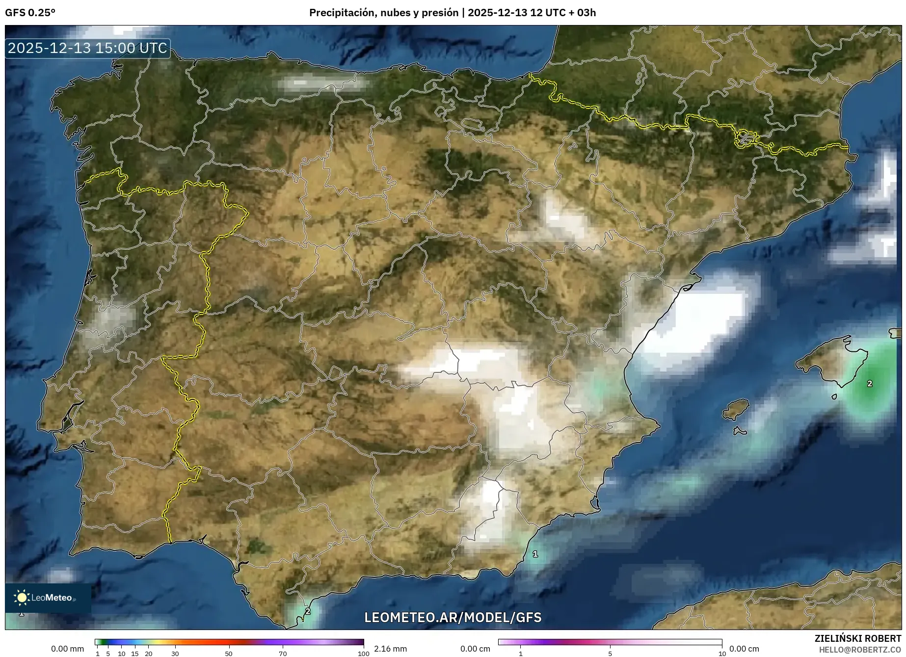 GFS model - España, Precipitación, nubes y presión