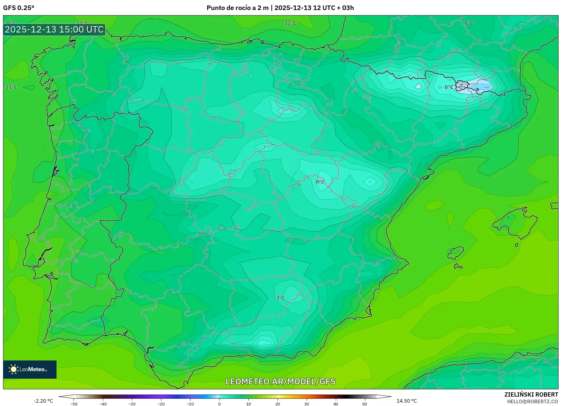 GFS model - España, Punto de rocío a 2 m